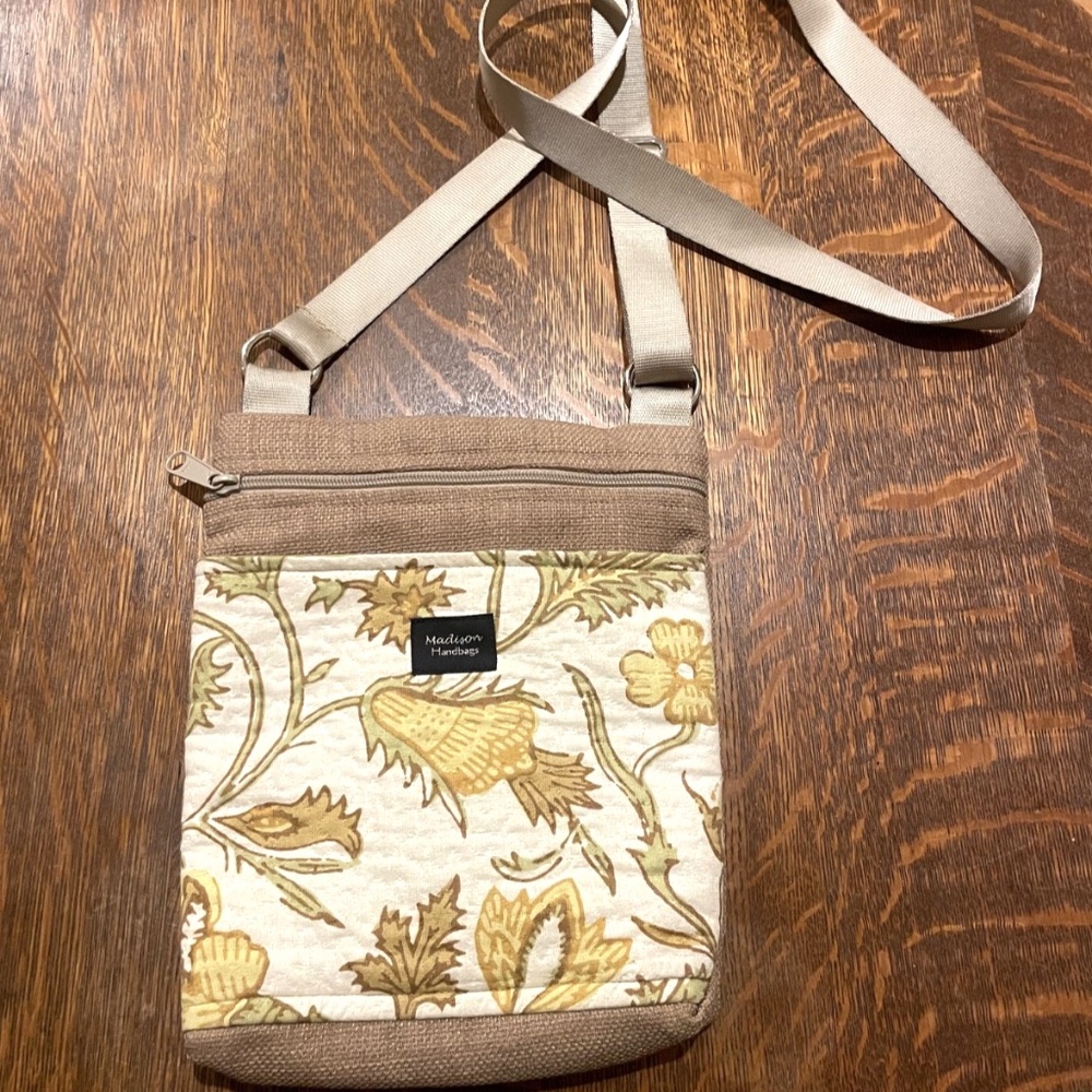 Madison Handbags Floral Tapestry Yellow, Brown and White Design Crossbody Bag